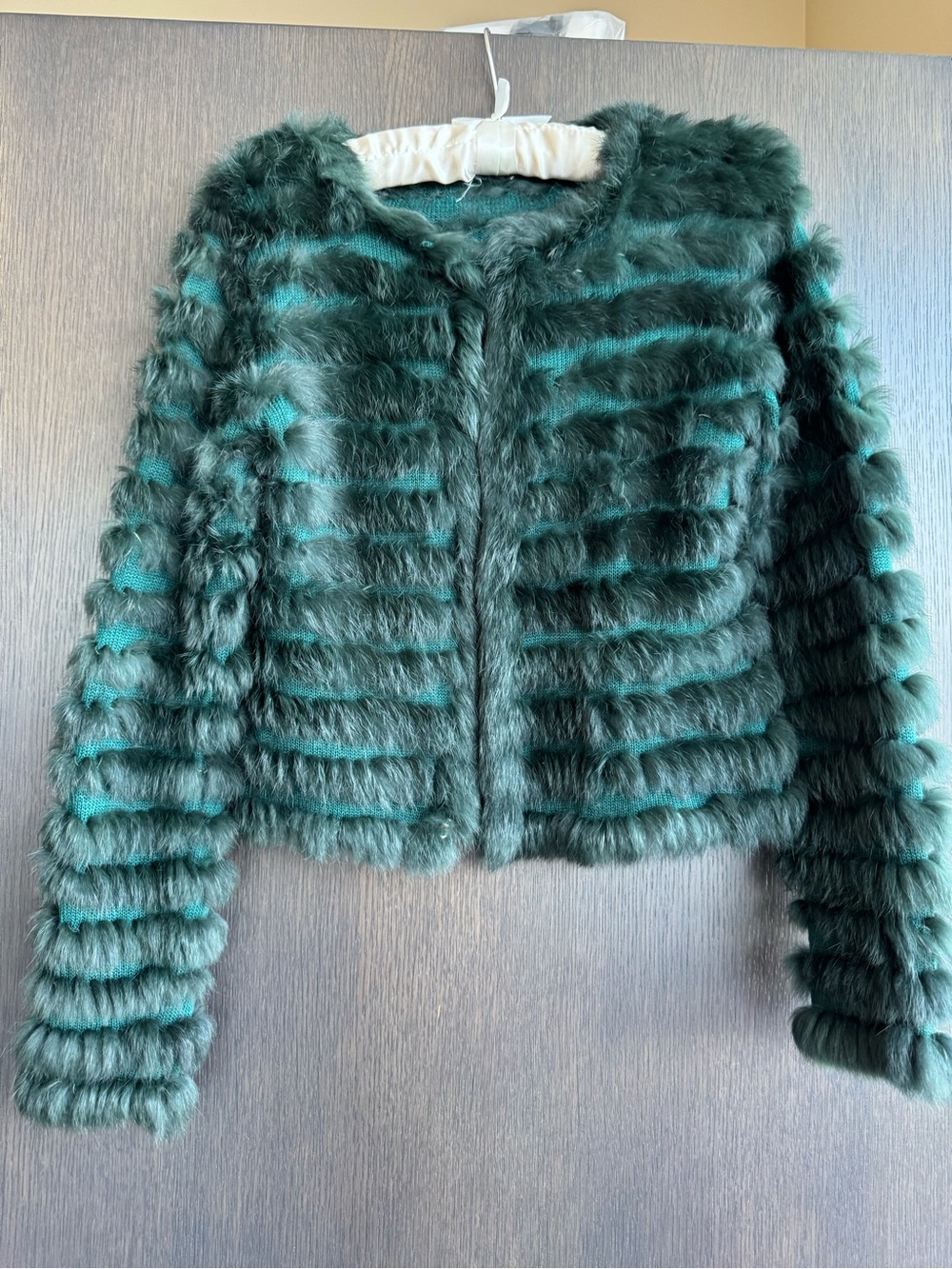 Genuine Rabbit Knitted Fur Jacket in Emerald Green, size S, like new